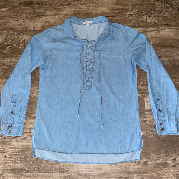Denim deep V lace up top - Picture 1 of 4